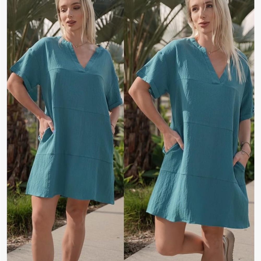 Al’MAGE Teal V-Neck Short Sleeve Beach Cover up Dress - Picture 2 of 6